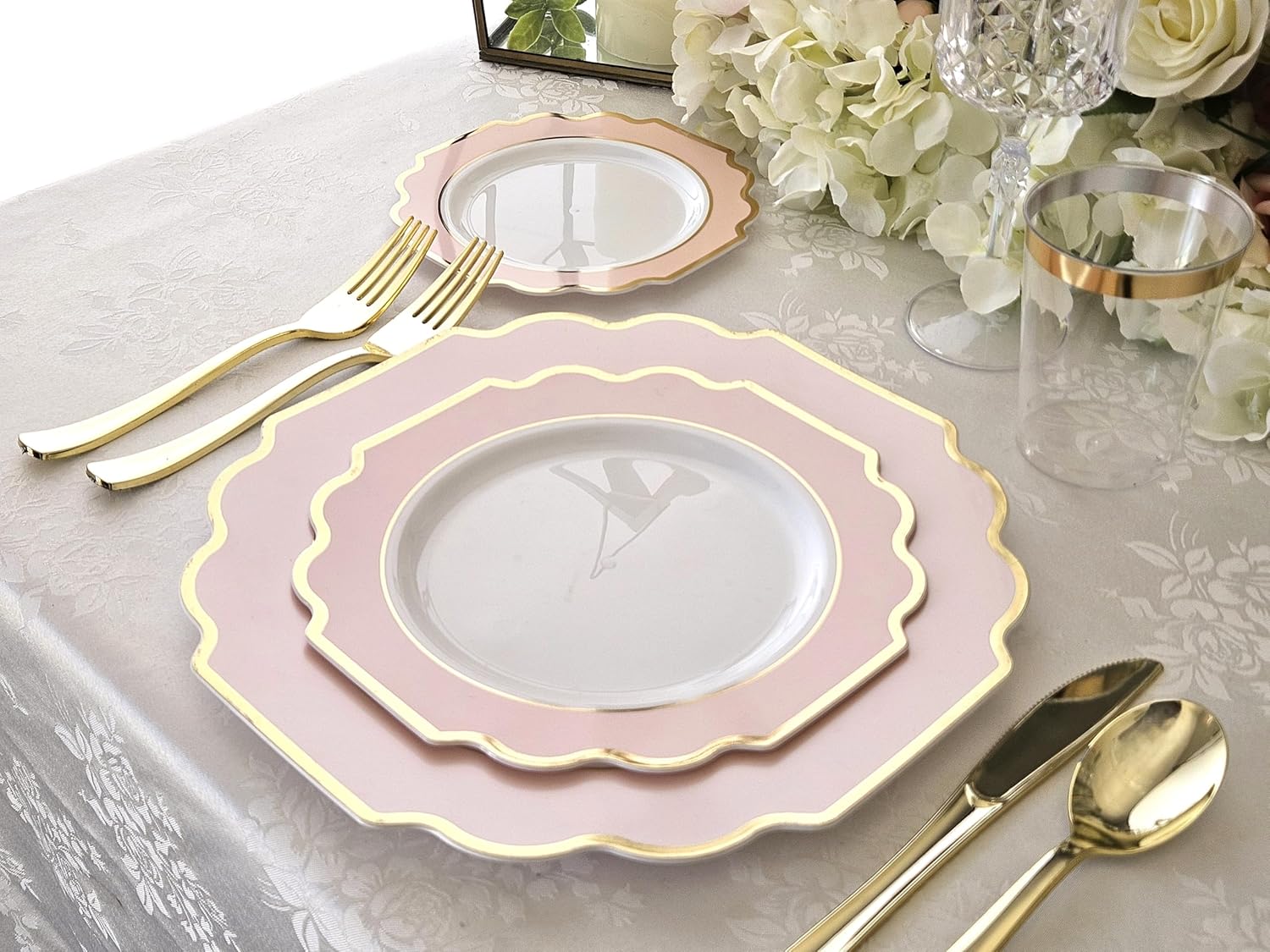 " OCCASIONS " 150 Piece set (25 Guests)-Wedding Plastic Plates & cutlery -Disposable heavyweight Dinnerware 10.5'', 8'' + Silverware w/double fork (Imperial in Blush Pink & Gold)