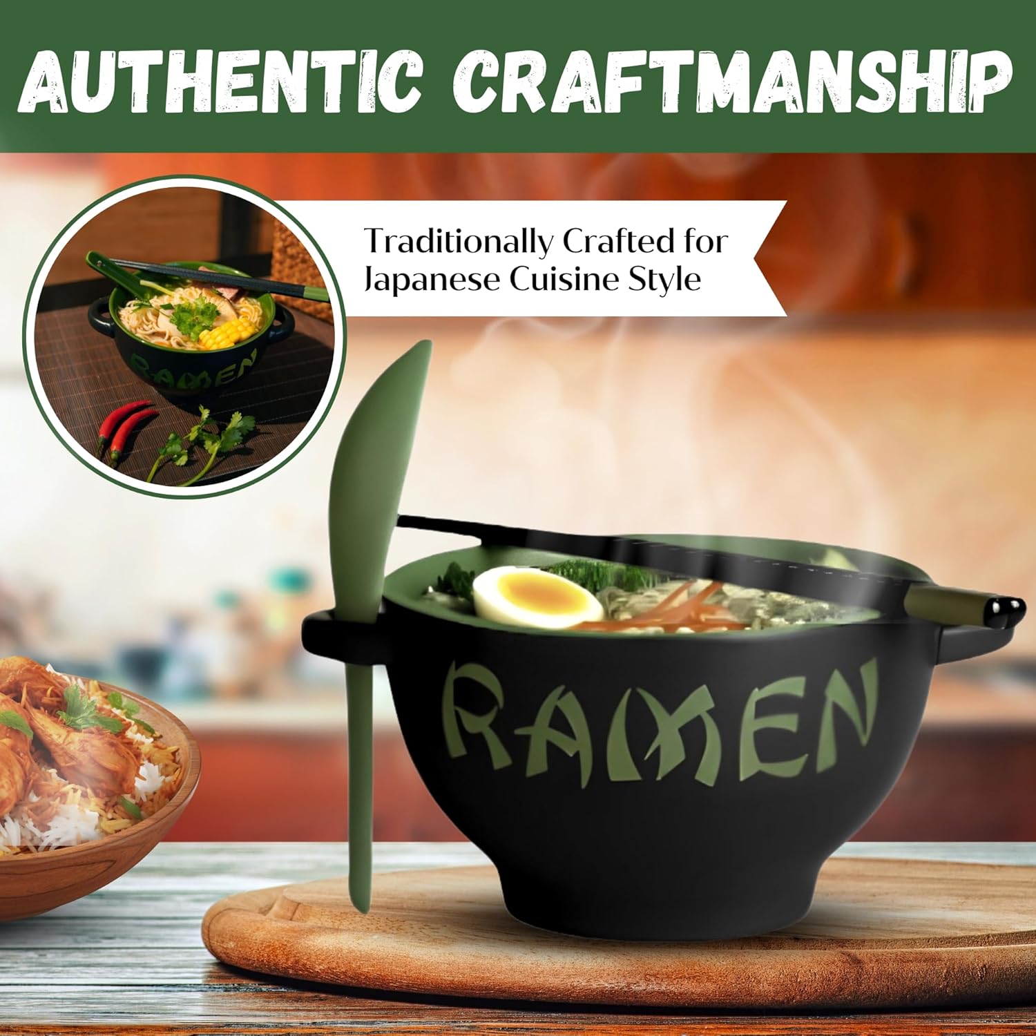 Ceramic Ramen Bowl Set with Chopsticks and Spoon - Set of 2 Microwavable Noodle Bowl Kitchen Set for Instant Noodles, Pho, Udon Noodles, Miso Soup - Green Japanese Ramen Bowls Ceramic Gifts (21 oz)
