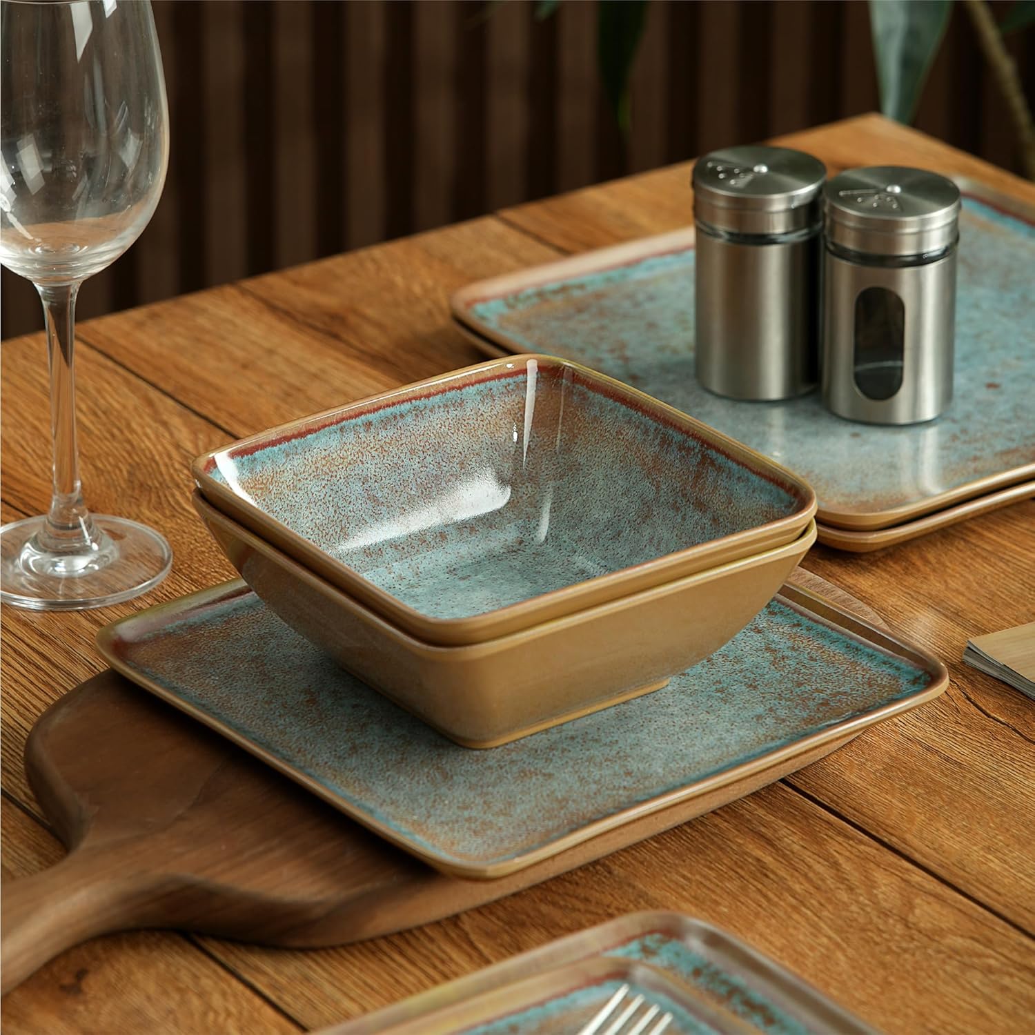 Square Melamine Dinnerware Sets of 12 Pcs,Square Plates and Bowls Sets,Unbreakable Dish Set for 4,Lightweight, Dishwasher Safe and BPA Free,Suit for RV,Camping