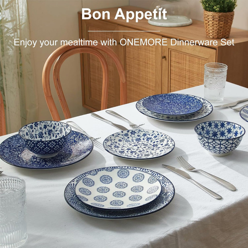 ONEMORE Ceramic Dinnerware Sets, 12 Piece Stoneware Plates and Bowls, Dish Sets for 4 - Scratch Resistant, Dishwasher & Microwave Safe, Vintage Blue