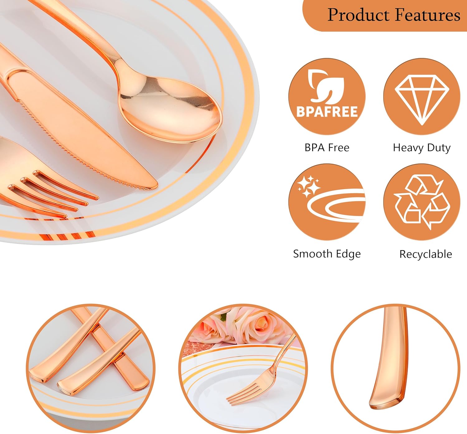 350PCS Rose Gold Plastic Plates for 50 Guests, Rose Gold Disposable Plates for Party Wedding-Dinnerware Set Include 50Dinner&Salad Plates, 50Silverware Set, 50Napkins, 50Cups