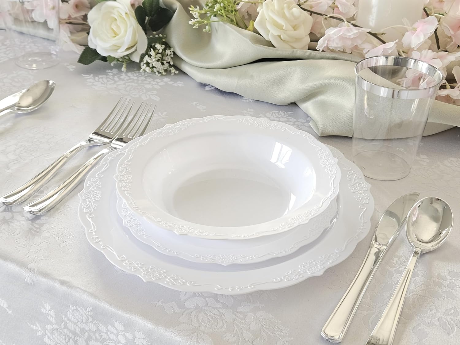 " OCCASIONS " 640 Piece set (80 Guests)-Vintage Wedding Party Disposable Plastic Plates & cutlery -80 x 10'' + 80 x 7.5'' + Silverware + 12oz Cups + Napkins (Verona White)