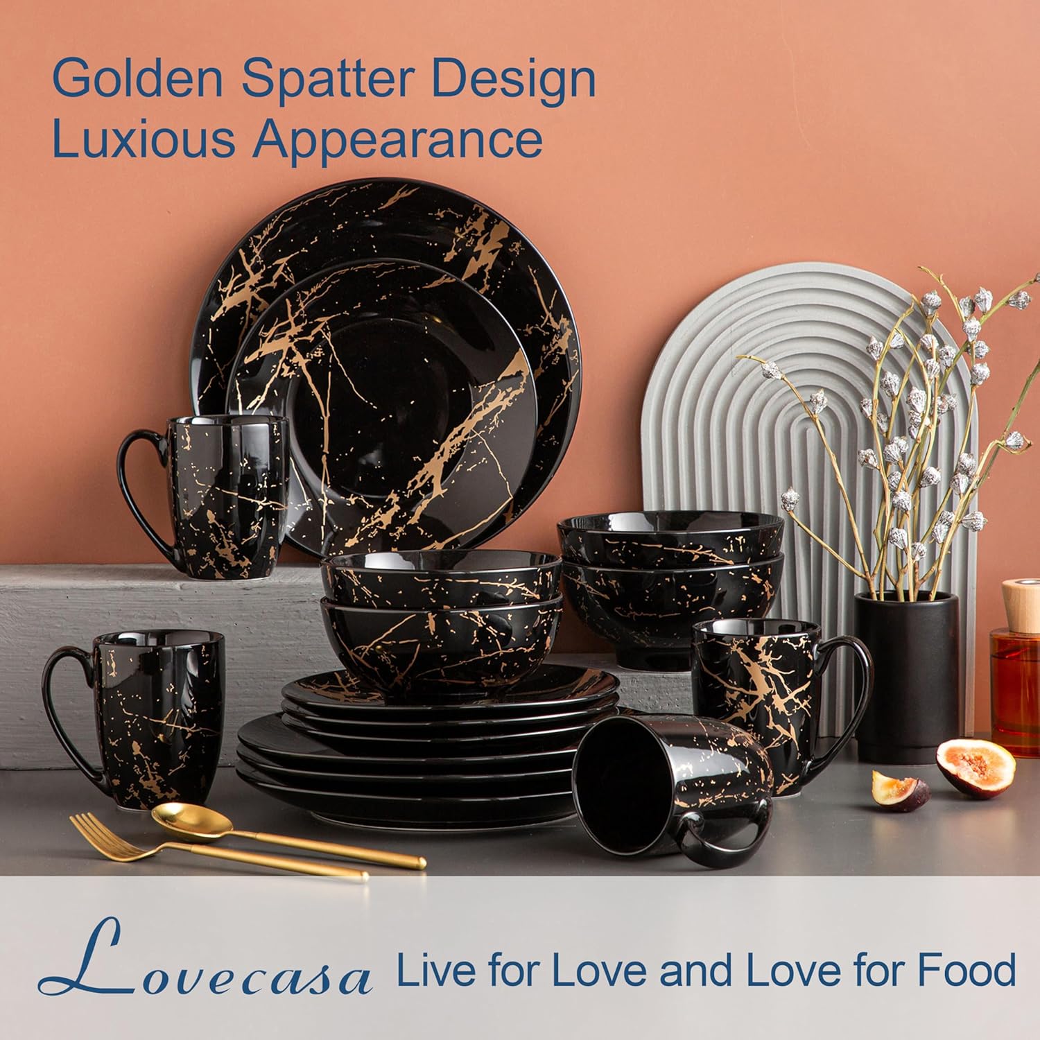 LOVECASA Black Plates and Bowls Sets for 4, Porcelain Dinnerware Sets 16 Piece Gold Splash Glaze Ceramic Dish Set, Round Dinner Set with Mugs, Dishwasher Microwave Safe