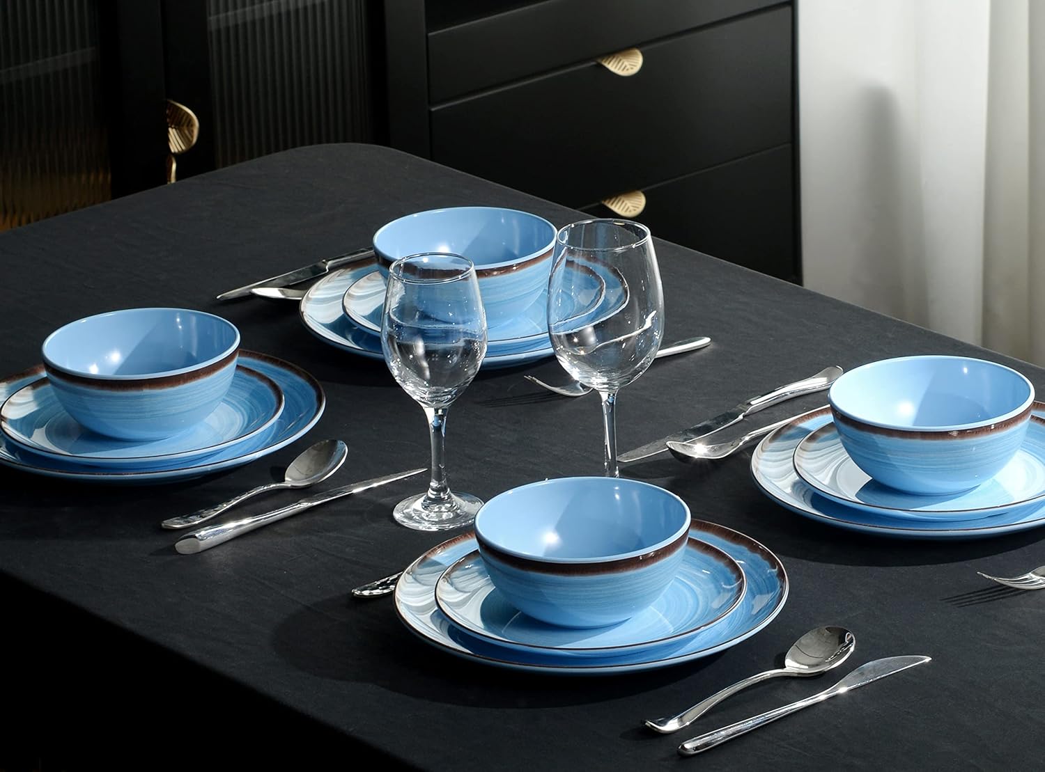 Melamine Dinnerware Set, Plates And Bowls Sets for 4, 12PCS Blue Color Dinnerware Sets, Unbreakable Dinnerware Dishwasher Safe BPA Free(Blue)