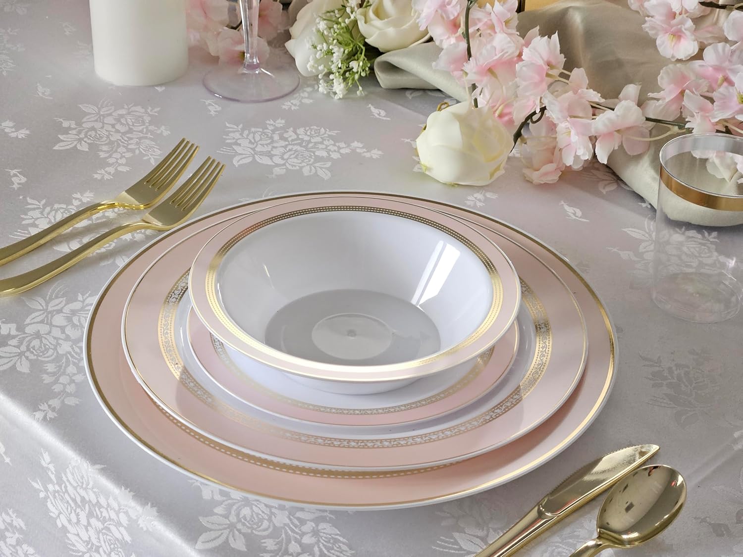 " OCCASIONS " 50 Plates Pack (25 Guests)-Heavyweight Wedding Party Disposable Plastic Plate Set -25 x 10.5'' Dinner + 25 x 7.5'' Salad/dessert plates (Ritz Blush and Gold)
