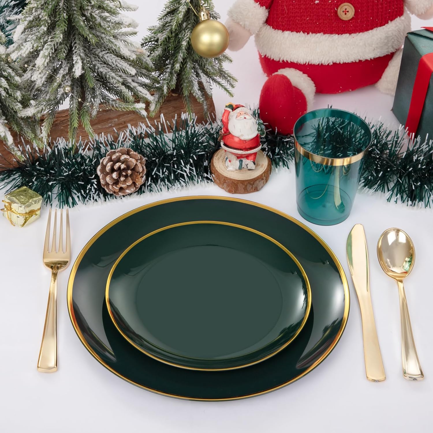 LIYH 180 Pcs Green and Gold Plastic Christmas Plates - Disposable Christmas Dinnerware sets, Green Dinner Dessert Plates, Gold Plastic Silverware Cups for Holiday, Party