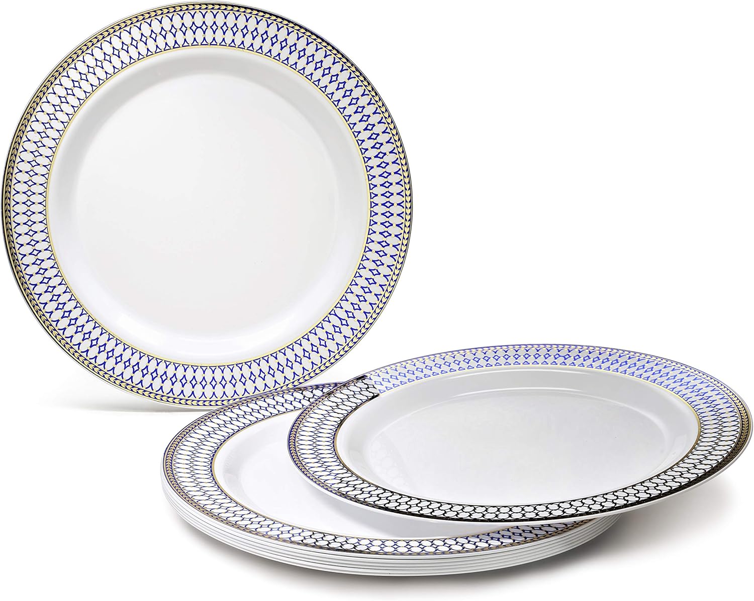 " OCCASIONS " 240 Plates Pack,(120 Guests) Heavyweight Premium Disposable Plastic Plates Set -120 x 10.5'' Dinner + 120 x 7.5'' Salad/Dessert (Odyssey in White/Blue and Gold Rim)