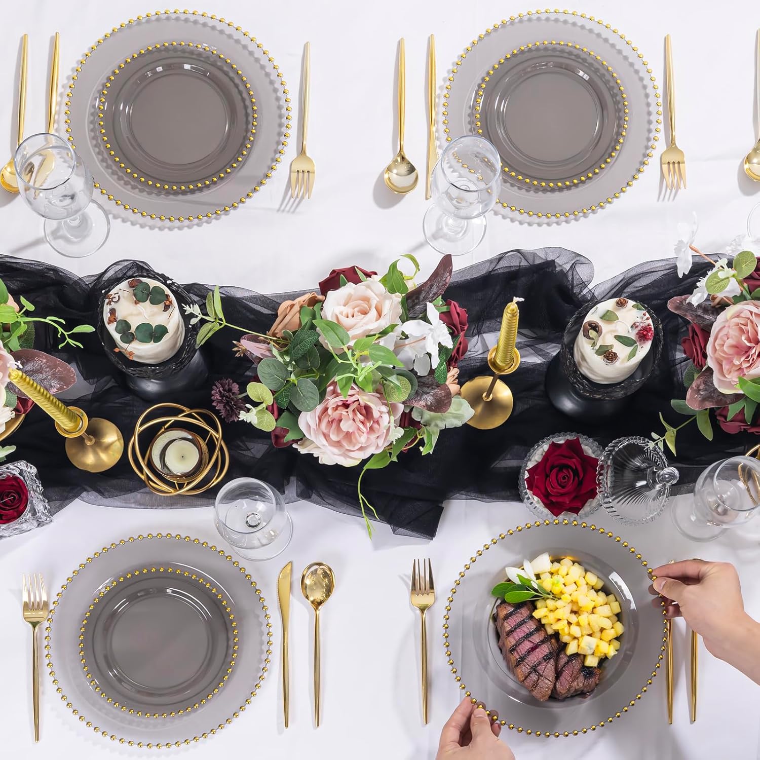 EI 60pcs Black and Gold Plastic Plates Clear with Black Disposable Plates Heavy Duty Gold Plastic Dinnerware Set For 30 Guests Perfect Wedding,Party,Birthday,Anniversary,Christmas,New Year