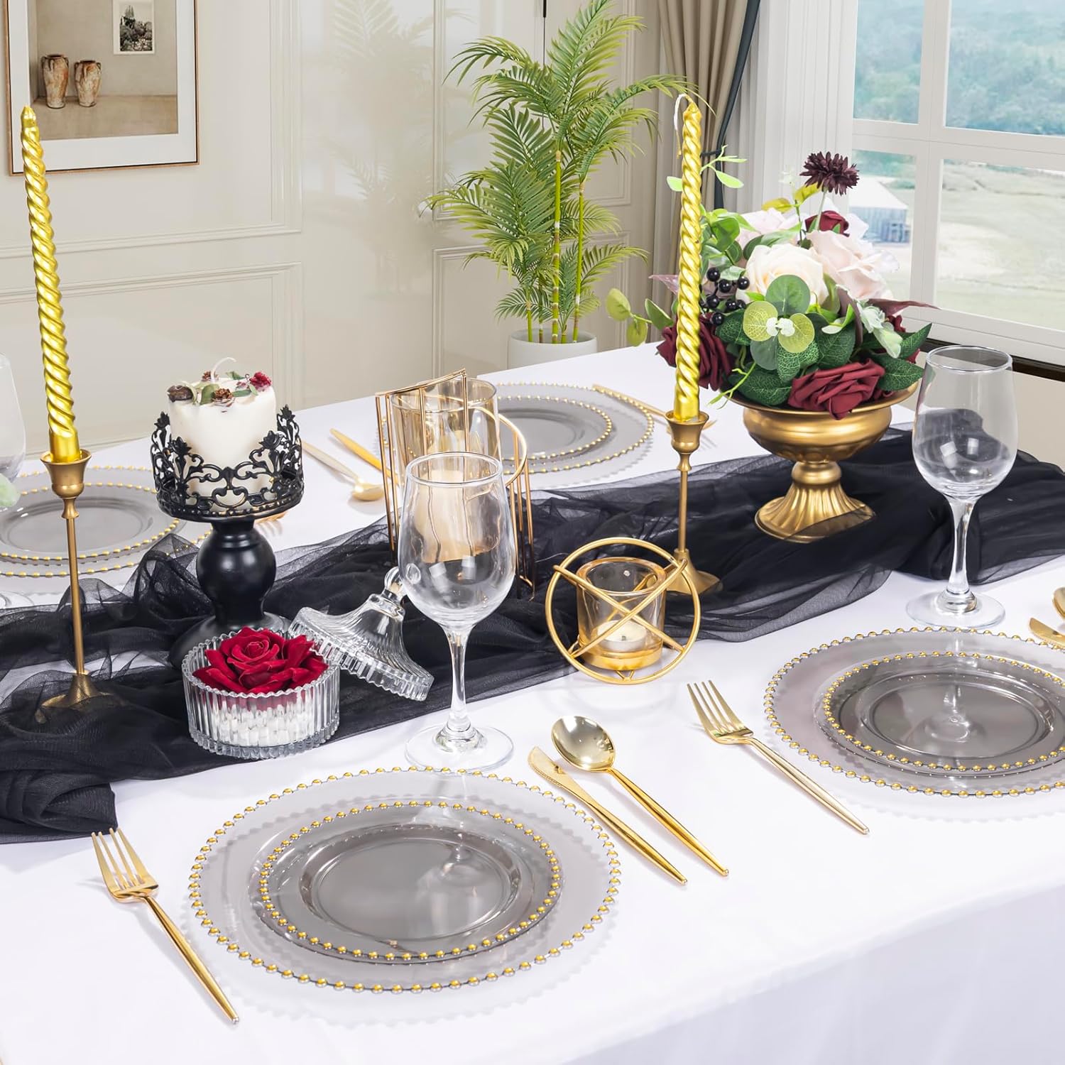 EI 60pcs Black and Gold Plastic Plates Clear with Black Disposable Plates Heavy Duty Gold Plastic Dinnerware Set For 30 Guests Perfect Wedding,Party,Birthday,Anniversary,Christmas,New Year