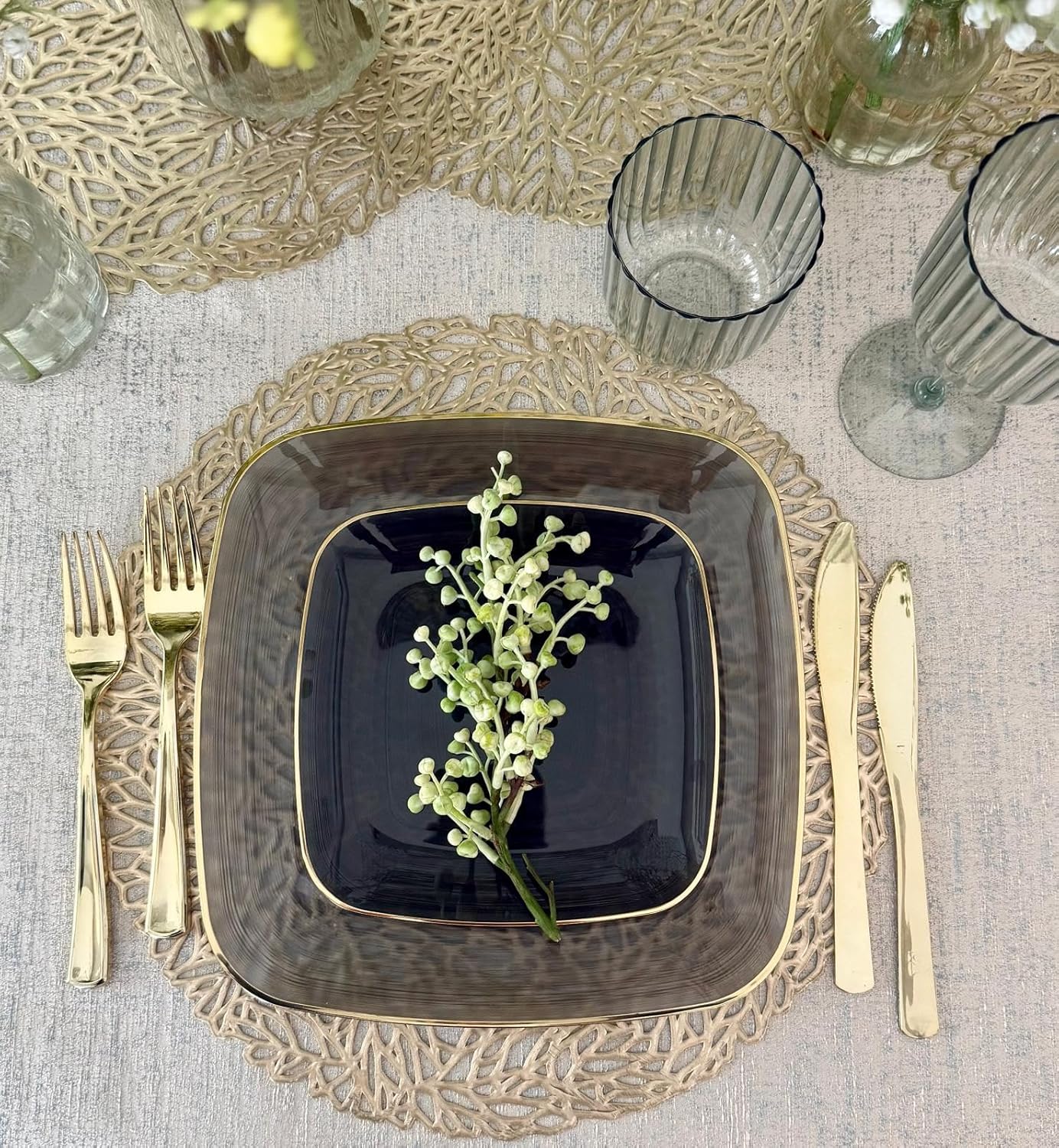 " OCCASIONS " 120 Pieces Pack,(60 Guests) Premium Wedding Party Disposable Plastic Plates Set -60 x 10'' Dinner + 60 x 7'' Salad/Dessert (Belize Square in Smoke Gray & Gold)