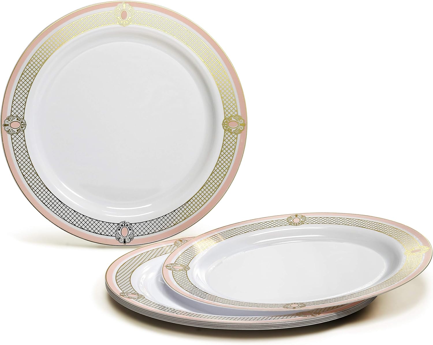 " OCCASIONS " 240 Plates Pack,(120 Guests) Premium Wedding Party Disposable Plastic Plates Set -120 x 10.25'' Dinner + 120 x 7.5'' Salad/Dessert (Royal in White/Blush & Gold)