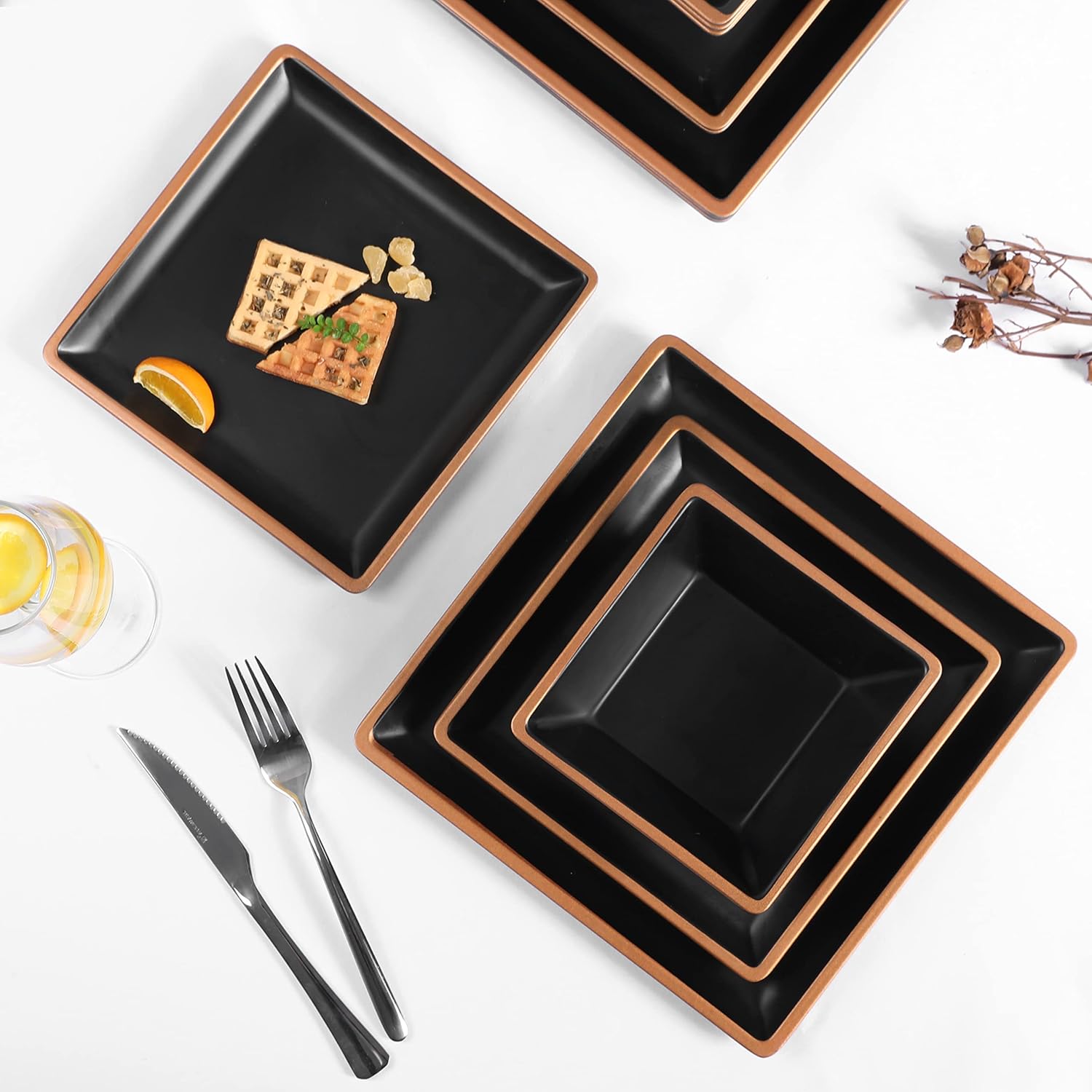 Melamine Dinnerware Sets Service for 4, Square Dinner Plates and Bowls Set,12-Piece Set Non-breakable Lightweight Dinner Tableware for Indoor/Outdoor Use