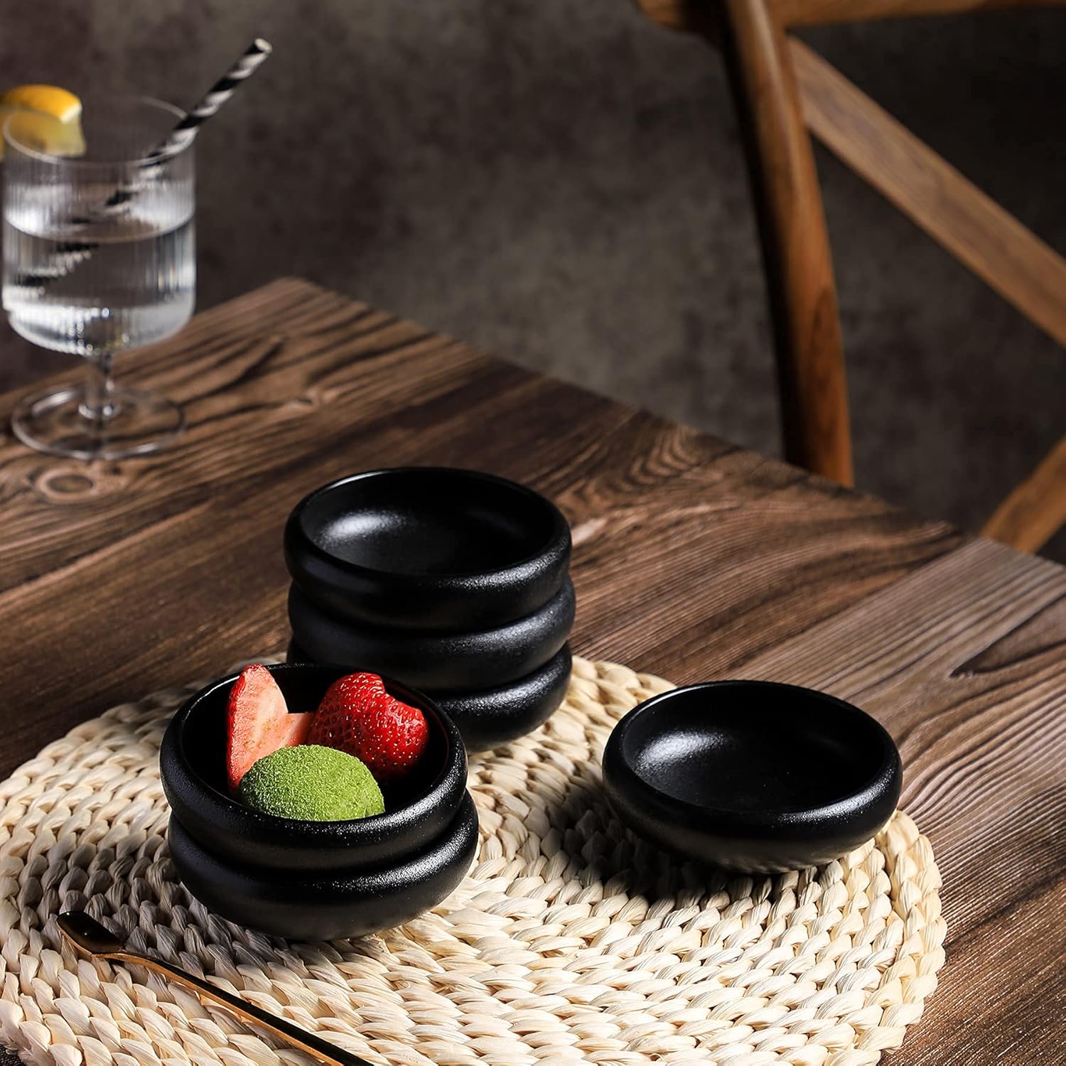 Uaral Soy Sauce Dishes Sushi Dipping Bowl Pinch Bowl Stoneware Black Small Serving Dish Set 3.75 Inch(4.5 oz,Texture Black)
