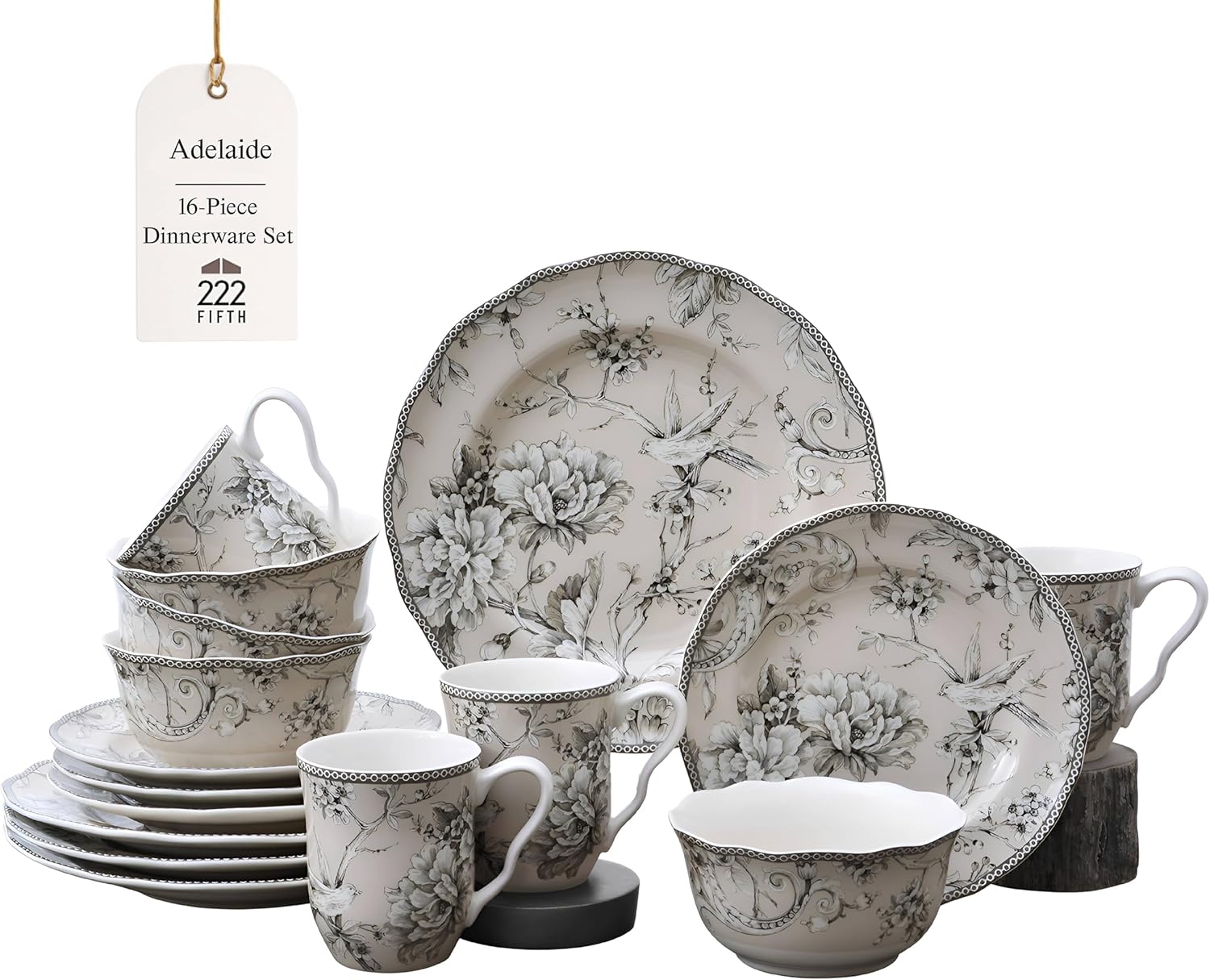 222 Fifth Adelaide 16-Piece Traditional Antique White Porcelain Dinnerware Set – Service for 4, Romantic Bird & Floral Design, for Everyday Dining & Entertainment, Microwave & Dishwasher Safe