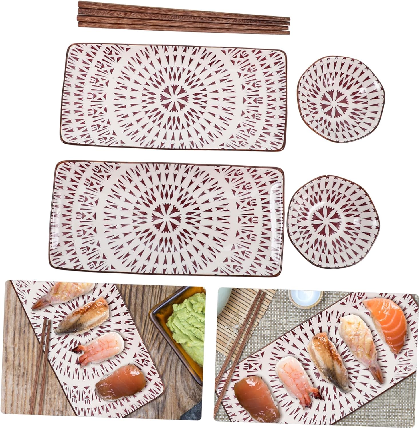 2 Sets Ceramic Sushi Plates with Soy Sauce Dishes and Chopsticks Japanese Style Decorative Serving Plates for Sushi Sashimi Snacks Lightweight Reusable for Restaurants and Parties