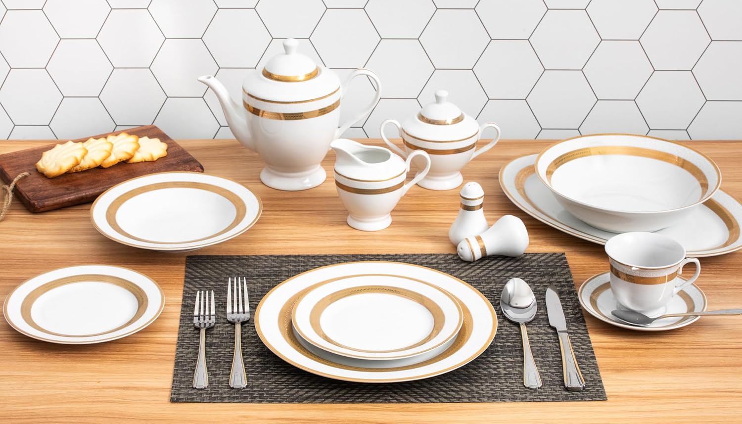 Porcelain Dinnerware Set for 8 - Gorgeous 49 Piece Dish Set - White and Gold Rope Design Porcelain Service for 8 - Chip Resistant Dining Set - For Everyday Use or Formal Occasions (Rope Gold 2049)