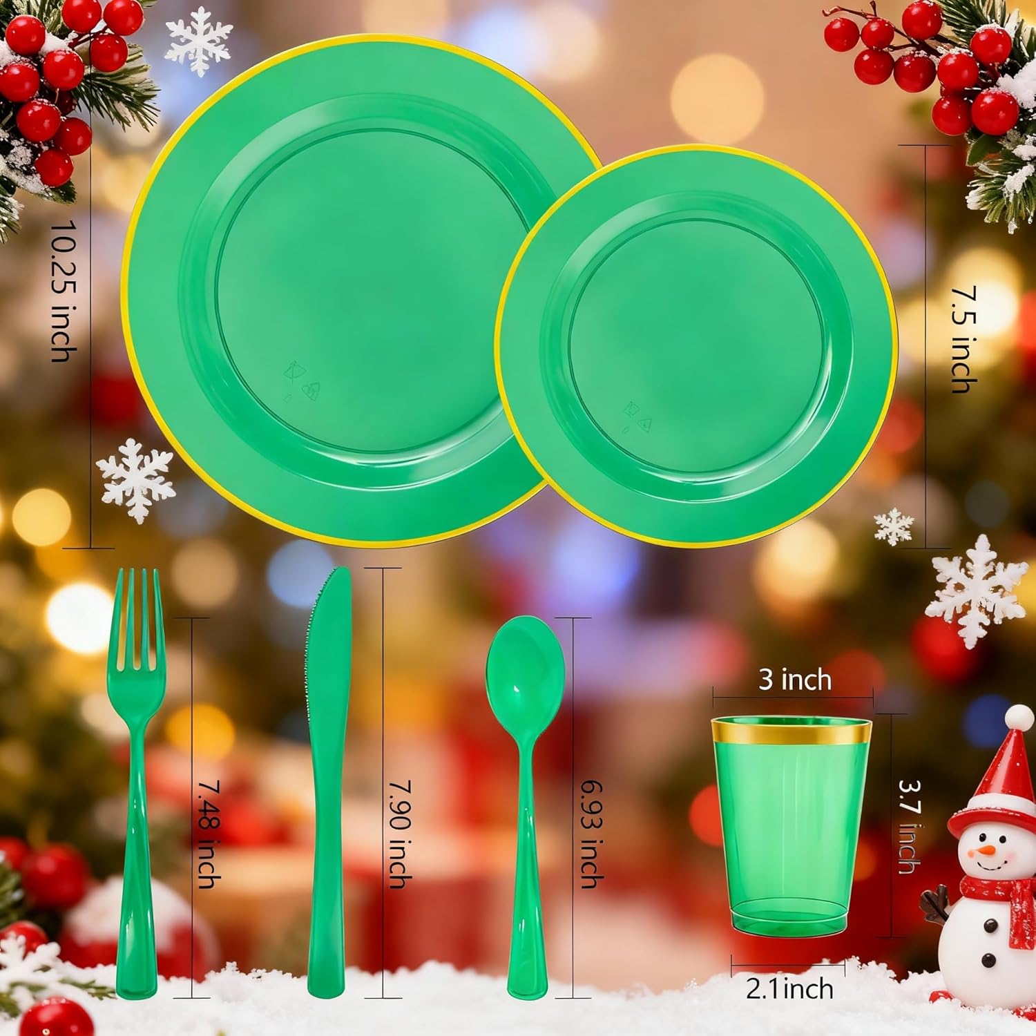 Colosus 36guest disposable Green Plastic Party Plates Dinnerware set. Green and Gold Rim Plastic Dinner/Salad Plates, silverware & cups for Wedding Birthday Party Dinner,Christmas