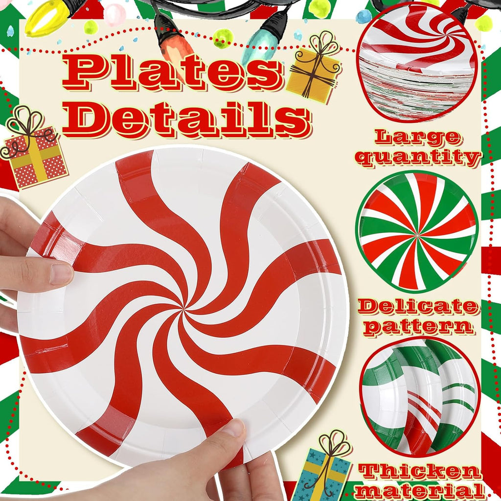 96 Pcs Christmas Paper Plates Disposable Red and Green Candy Christmas Dinner Plates for Xmas Birthday Party Decoration Supplies