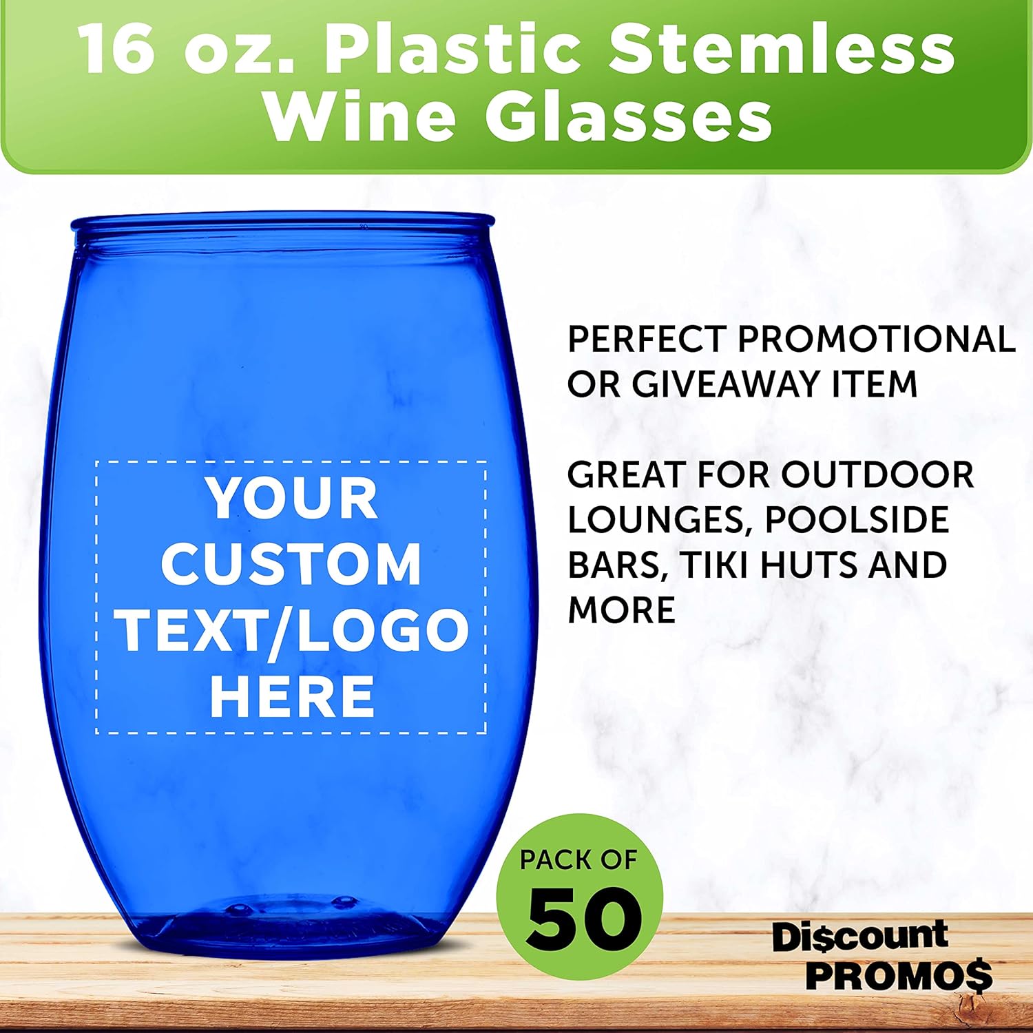Custom Plastic Stemless Wine Glasses 16 oz. Set of 50, Personalized Bulk Pack - BPA Free, Great for Outdoor Lounges, Poolside, Parties and Other Events - Blue