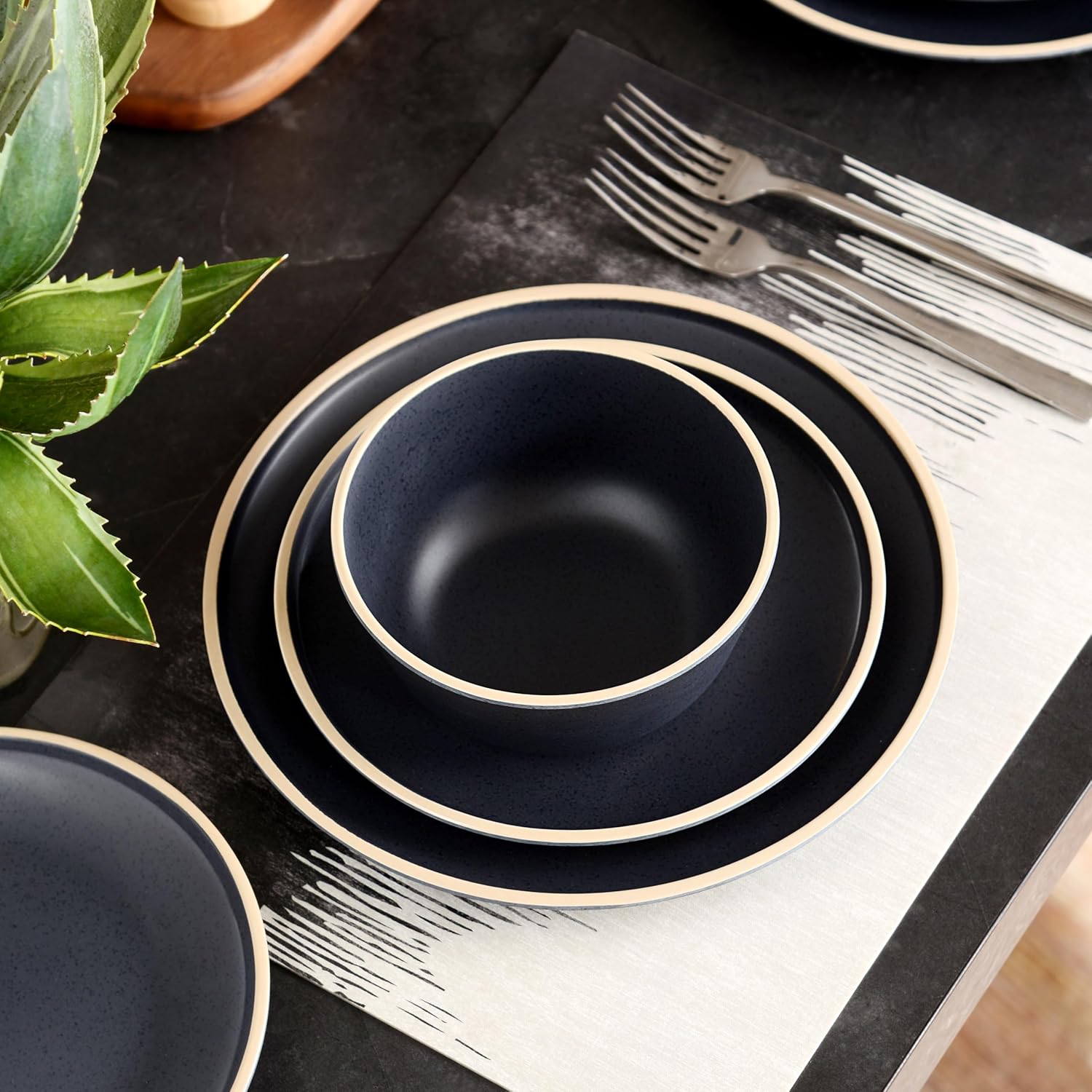 Melamine Dinnerware Sets for 4,12 Pcs Plate and Bowl Set,Unbreakable dish set,BPA Free,Suitable Indoors And Outdoors (Matte Black)