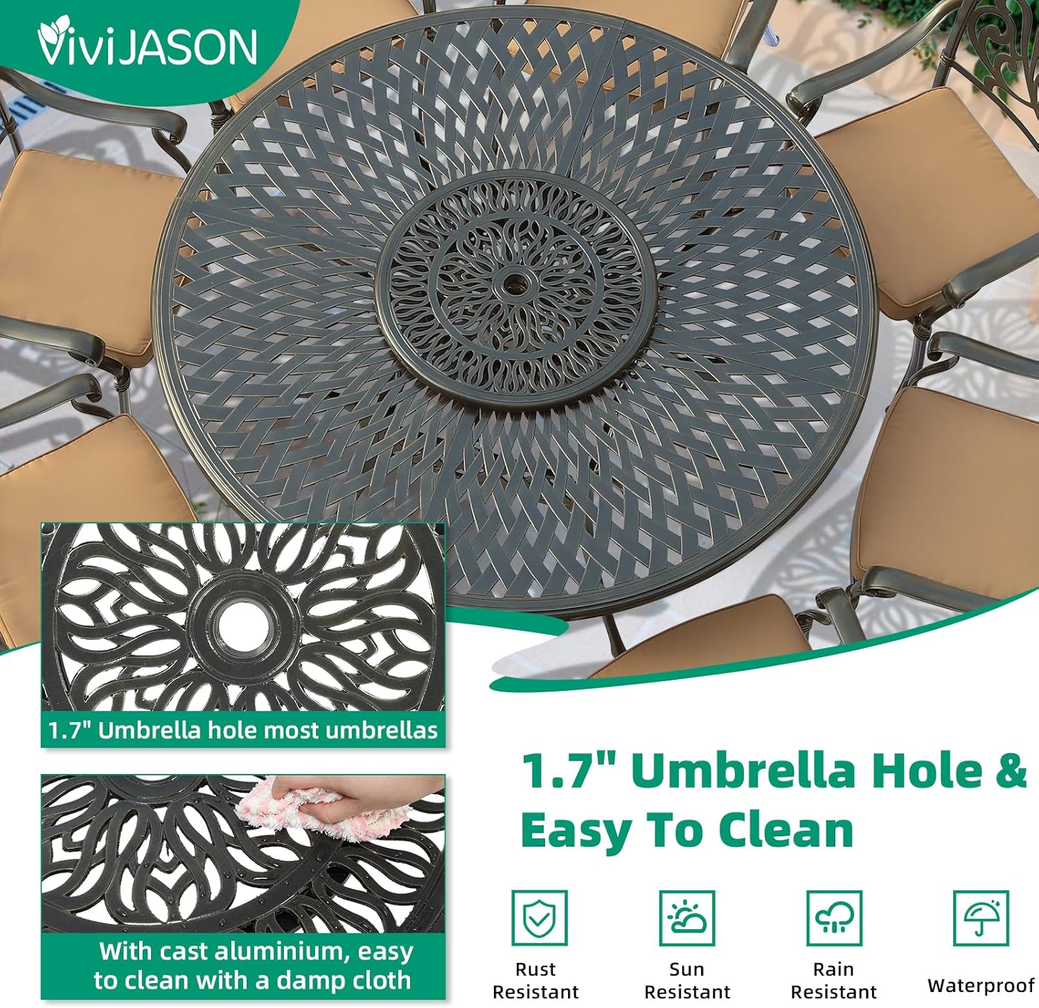 VIVIJASON 24" Cast Aluminum Lazy Susan Turntable, 360° Rotating Display Tray with Silent Bearings, Round Table Top Swivel Serving Plate with Umbrella Hole for Outdoor Dining Table, Elizabeth Style