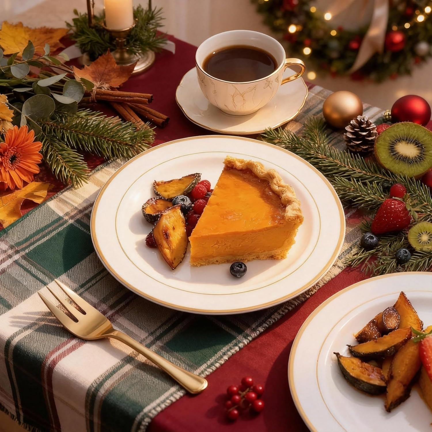 WELLIFE 60 PCS Gold Plastic Dessert Plates and 60 PCS Forks, 6.3 inch Disposable Salad Plates, Premium White Appetizer Plates with Gold Rims, Perfect for Party and Christmas