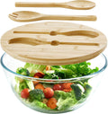Glass Salad Bowl With Lid, 4.7 Quart Large Serving Bowl Thick Glass Fruit Bowls With Bamboo Utensils, 10.7Inch Trifle Bowl for Salad, Pasta, Dessert Display Cake, Microwave Safe