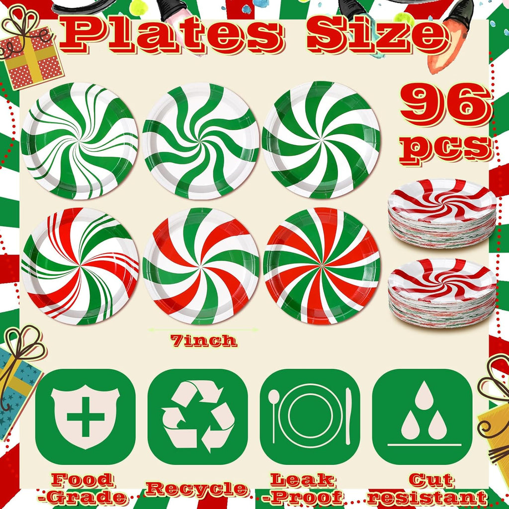 96 Pcs Christmas Paper Plates Disposable Red and Green Candy Christmas Dinner Plates for Xmas Birthday Party Decoration Supplies
