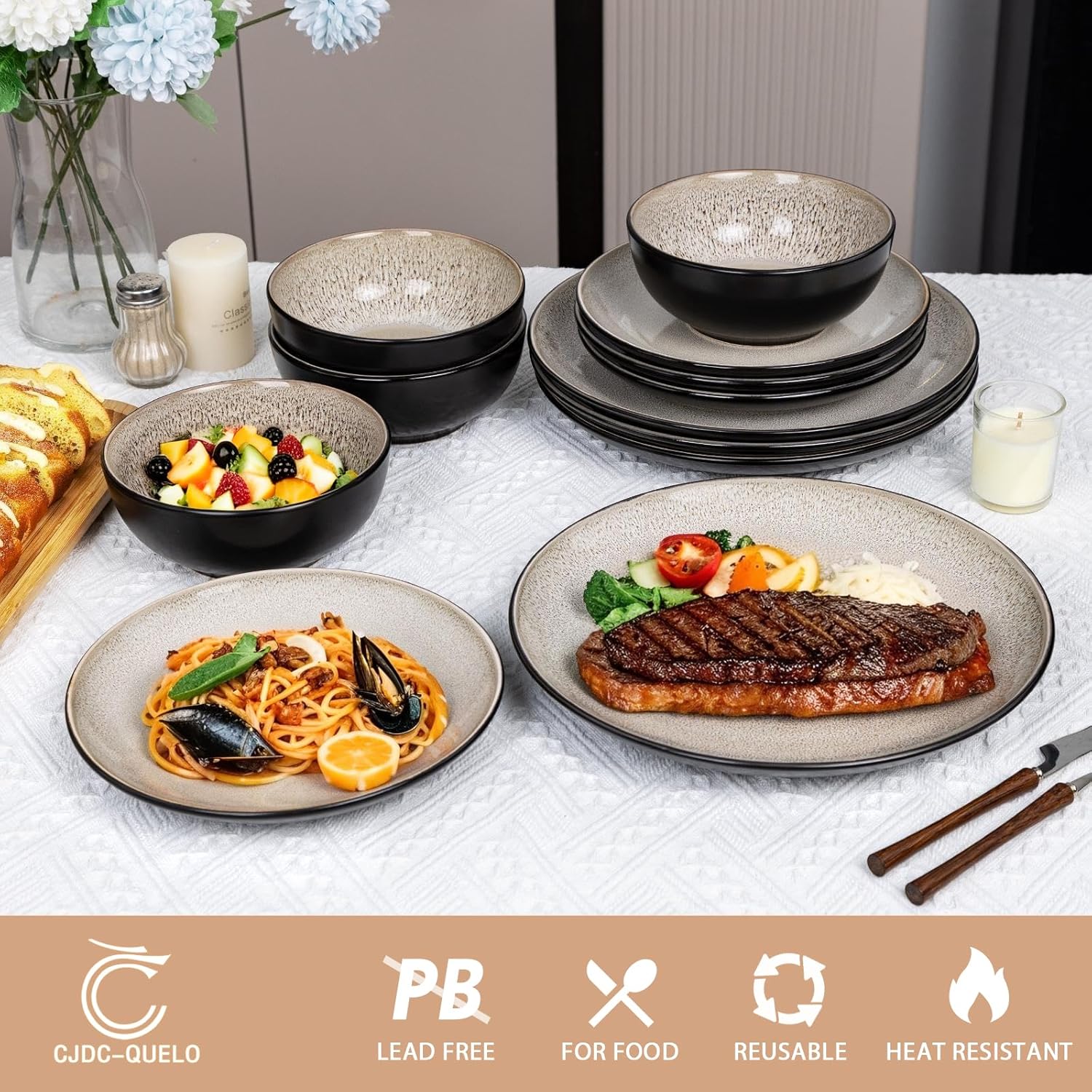 Plates and Bowls Sets for 8 - CJDC-QUELO 32-Piece Stoneware Dinnerware Sets, Ceramic Dishware Set for Indoor Kitchen Use and Formal Dining, Chip and Scratch Resistant Microwave Dishwasher Safe, Brown