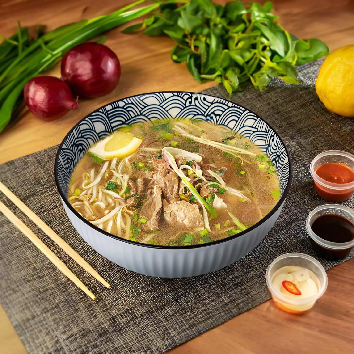 60 oz Large Soup Bowl, Pho Bowls, 8 Inch Blue and White Porcelain Japanese Ramen Bowls Set of 3 - Wave Pattern