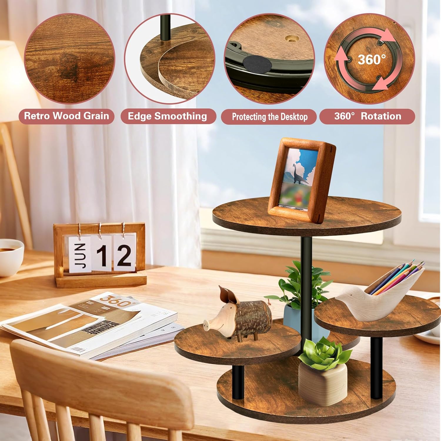 4 Tier Cupcake Tower Stands for 50 Cupcakes,360° Rotatable Round Cup Cake Stand with Tiered Tray,Farmhouse Wooden Dessert Table Display Stands for Wedding Birthday Baby Shower Tea Party