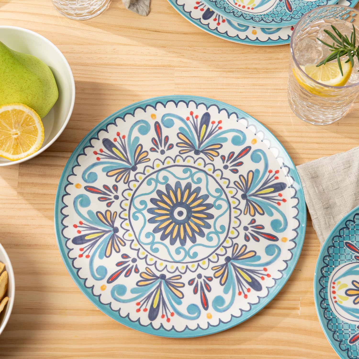 Bzyoo 12-Piece Melamine Dinnerware Set - Madallion | Lightweight, Durable, BPA-Free | Dishwasher Safe Dish Set for Indoor & Outdoor Use - Perfect for Camping, BBQs, Kids Parties