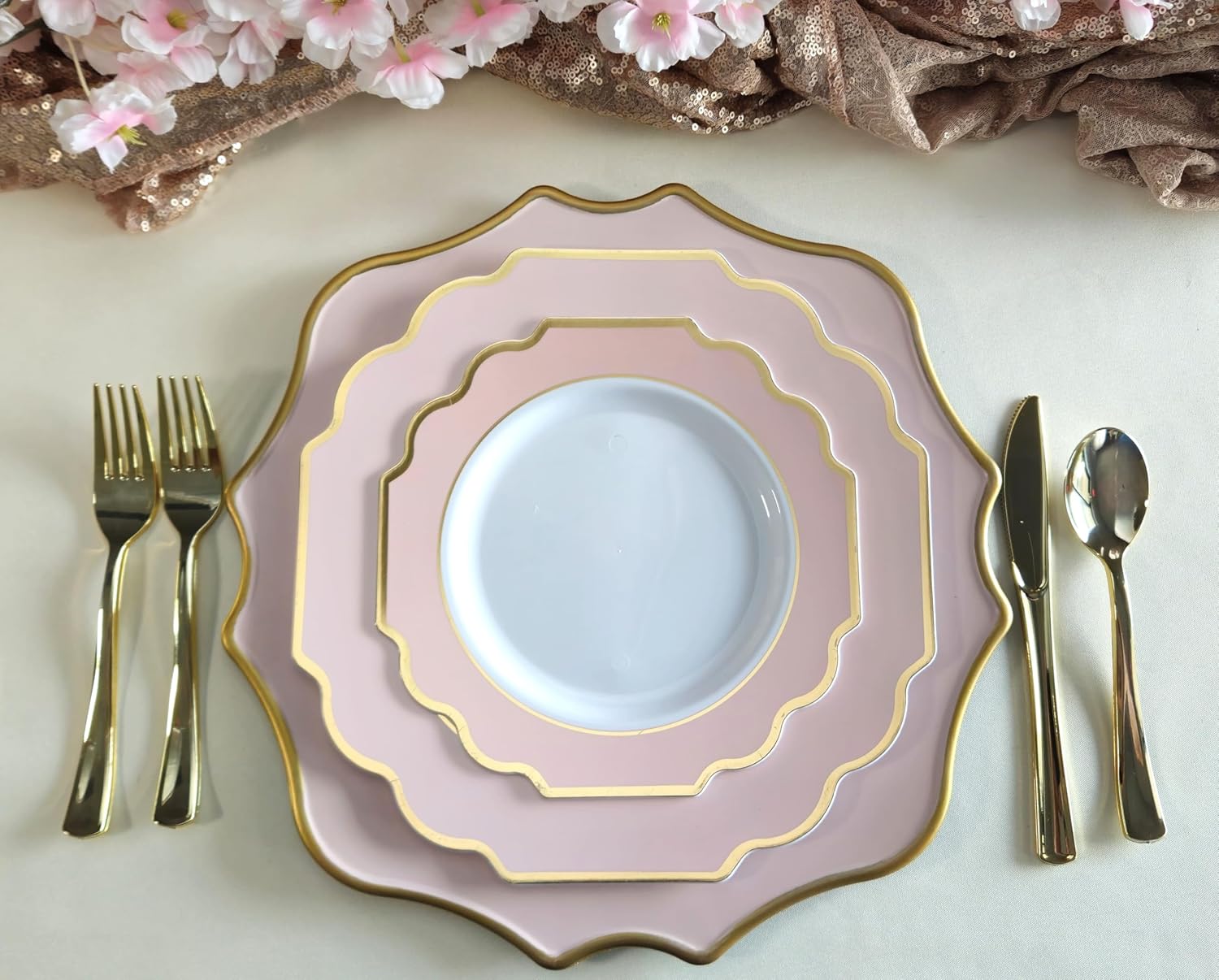 " OCCASIONS " 120 Plates Pack,(60 Guests) Heavyweight Premium Wedding Party Disposable Plastic Plates Set -60 x 10.5'' Dinner + 60 x 8'' Salad/Dessert(Imperial in Blush & Gold)
