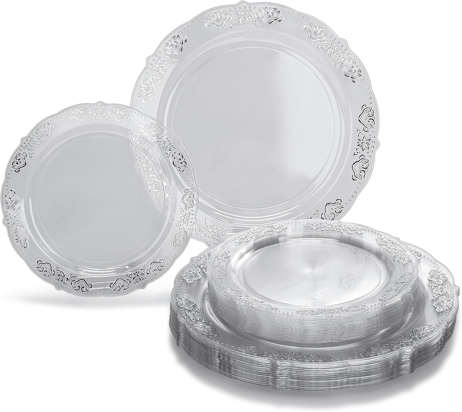 " OCCASIONS " 240 Plates Pack,(120 Guests) Vintage Wedding Party Disposable Plastic Plates Set-120x10.25'' Dinner +120x7.5'' Salad/Dessert Plate (Portofino Clear & Silver)