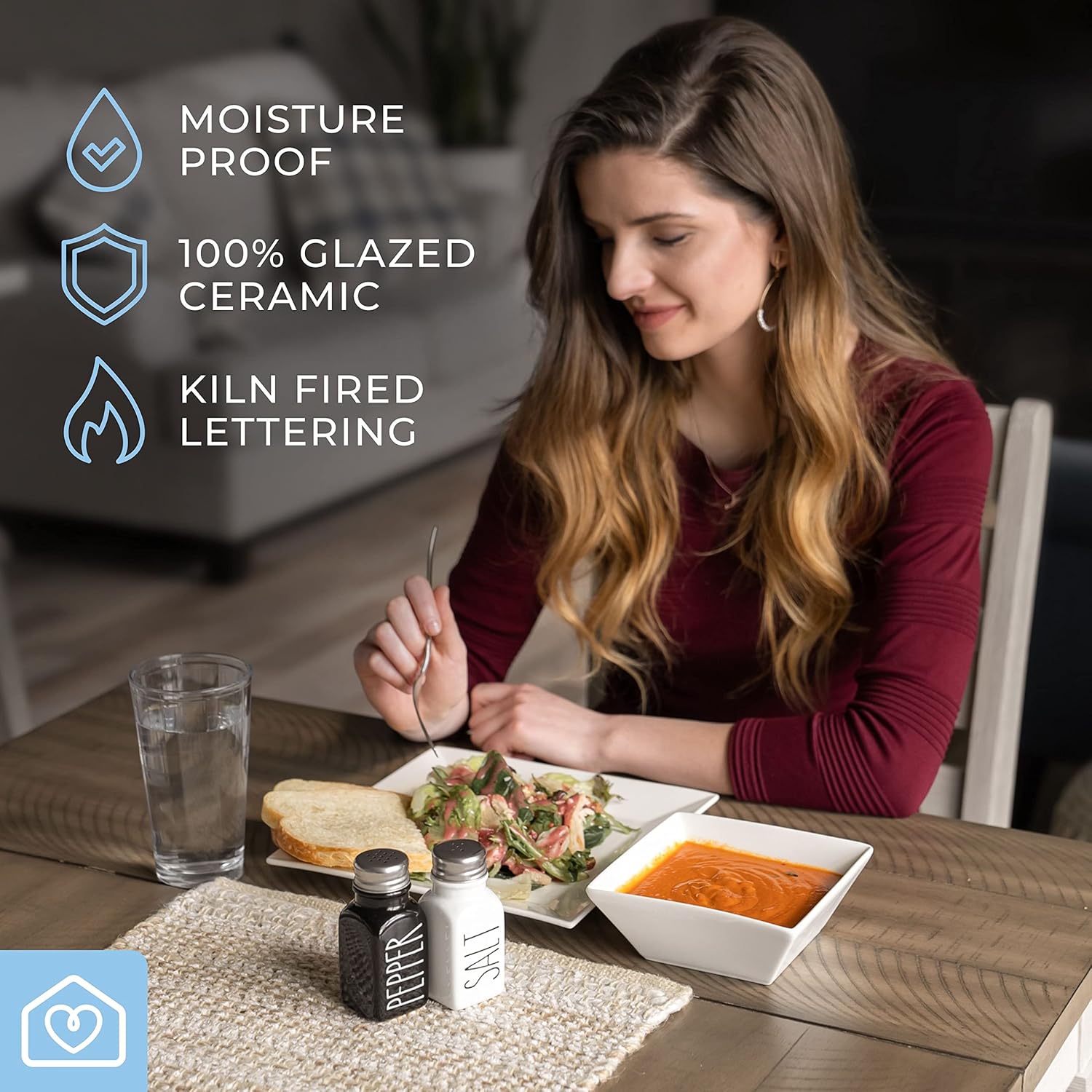 Heartland Home Farmhouse Ceramic Salt and Pepper Shakers Set with Extra Lids. 100% Stoneware Salt and Pepper Shaker Set. Black Pepper and White Salt Shaker with Lid x4. Kitchen Salt Pepper Shakers