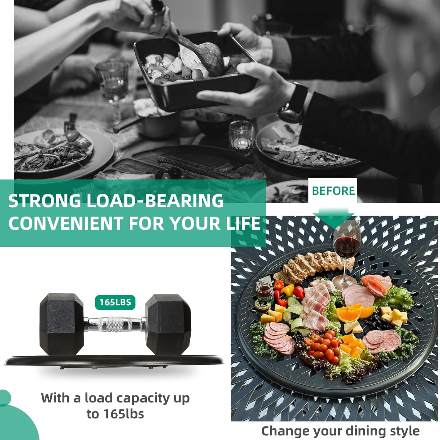 VIVIJASON 31" Cast Aluminum Lazy Susan Turntable, 360° Large Rotating Display Tray with Silent Bearings, Round Table Top Swivel Serving Plate with 2" Umbrella Hole for Outdoor Dining Table