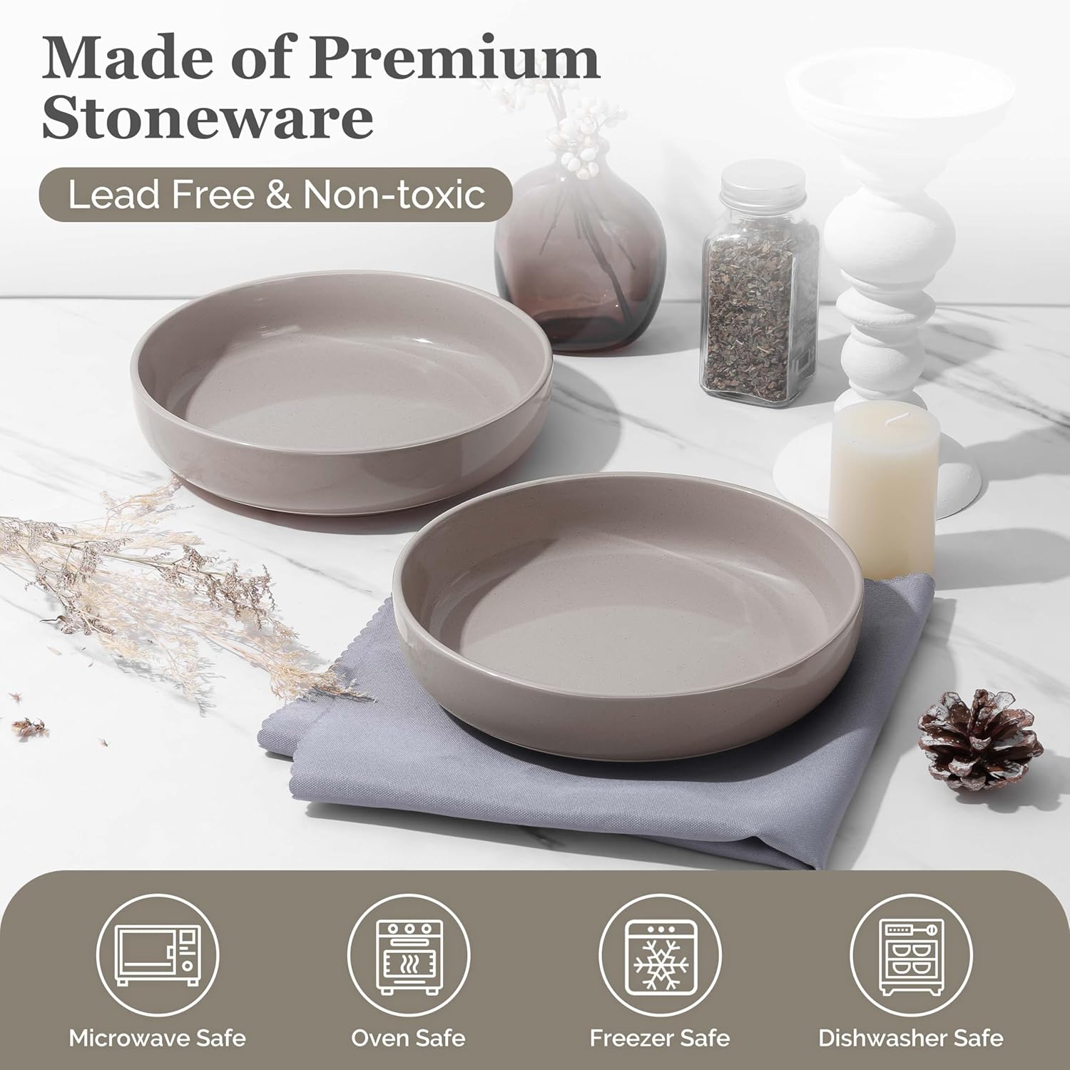 HaWare Pasta Bowls Set of 4, 33oz Large Salad Bowls for Home Kitchen, Ceramic Serving Plates for Soup, Cereal, Scratch-resistant Wide and Shallow Dinner Bowl, Microwave & Dishwasher Safe, Cream Coffee