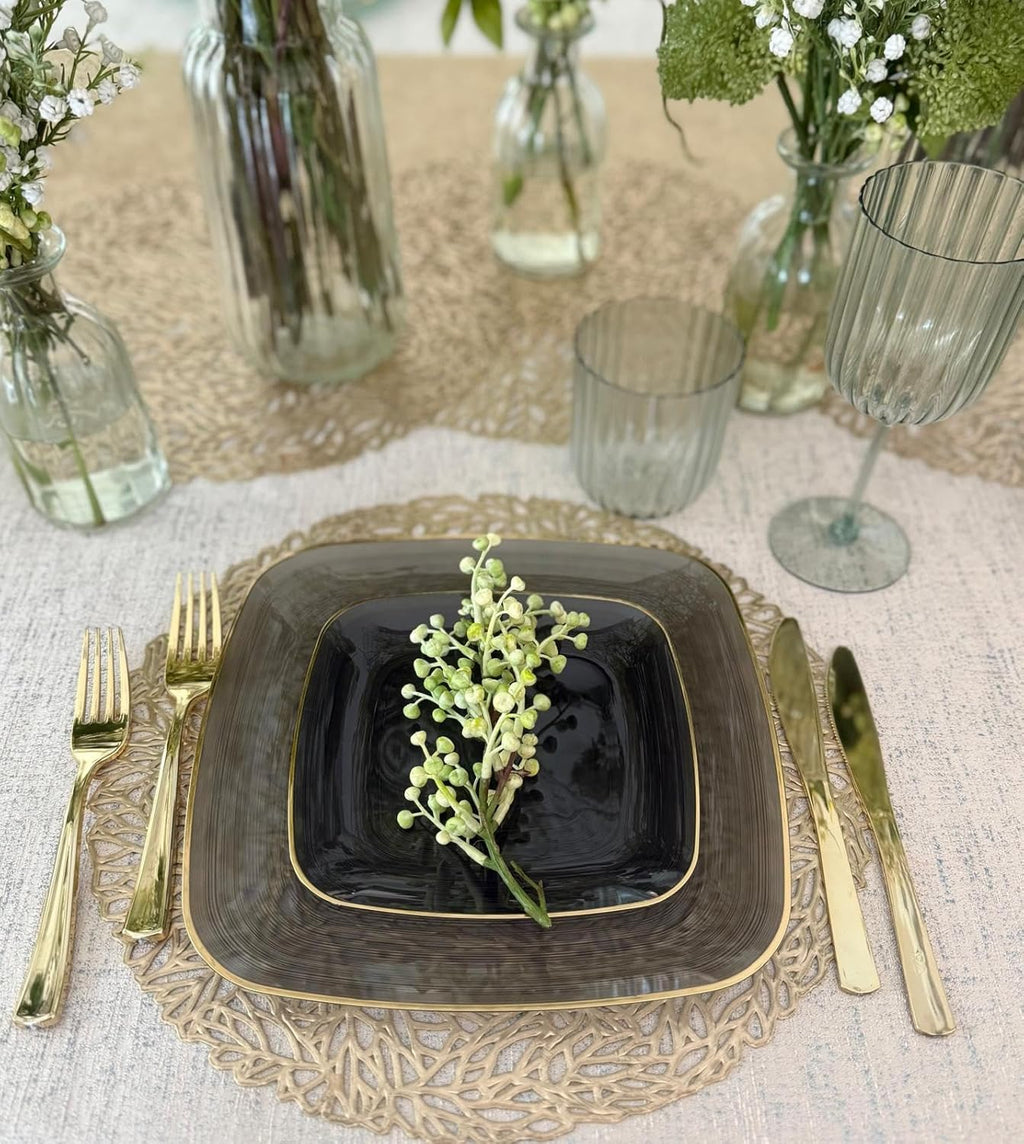 " OCCASIONS " 120 Pieces Pack,(60 Guests) Premium Wedding Party Disposable Plastic Plates Set -60 x 10'' Dinner + 60 x 7'' Salad/Dessert (Belize Square in Smoke Gray & Gold)