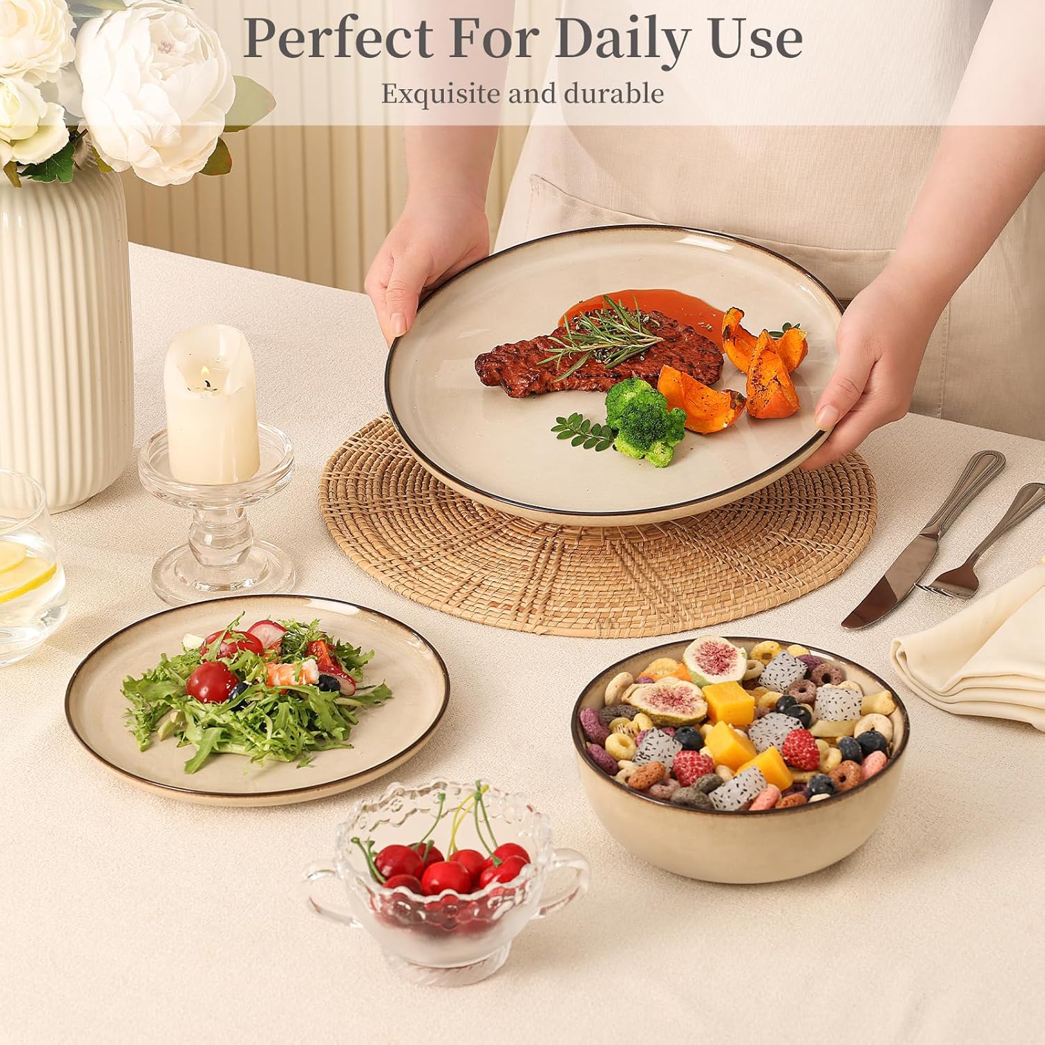 Ceramic Plates and Bowls Sets: 12 Piece Porcelain Dinnerware Sets, Stoneware Kitchen Dishes Set for 4, Scratch Resistant Plate Set, Microwave Dishwasher Oven Safe, Reactive Glaze (Beige)