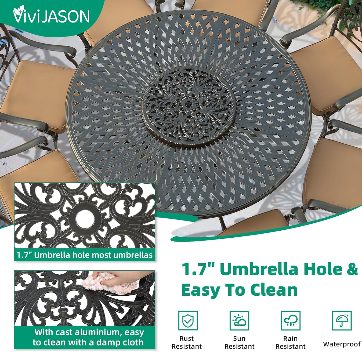VIVIJASON 24" Cast Aluminum Lazy Susan Turntable, 360° Rotating Display Tray with Silent Bearings, Round Table Top Swivel Serving Plate with Umbrella Hole for Outdoor Dining Table, Floral Style