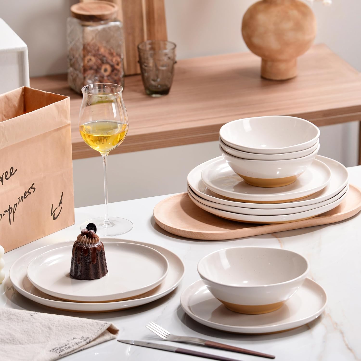 FINE&NICE Melamine Dinnerware Sets of 12 Pcs, Unbreakable Plates and Bowls Set for 4, Dinner Dishes Set for for Patio, RV and Camping, Dishwasher Safe (White with Brown)