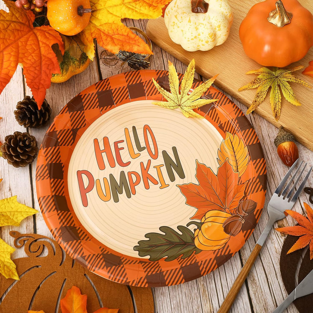 Whaline 24Pcs Thanksgiving Fall Paper Plates 9 Inch Hello Pumpkin Disposable Plates Black Orange Plaid Fall Harvest Paper Plates for Thanksgiving Party Holiday Dinner Tableware Supplies