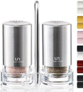 Salt and Pepper Shakers with Holder - Elegant Stainless Steel Salt Shaker and Pepper Shaker Set with Acrylic Holder for Kitchen Counter or Restaurant Table