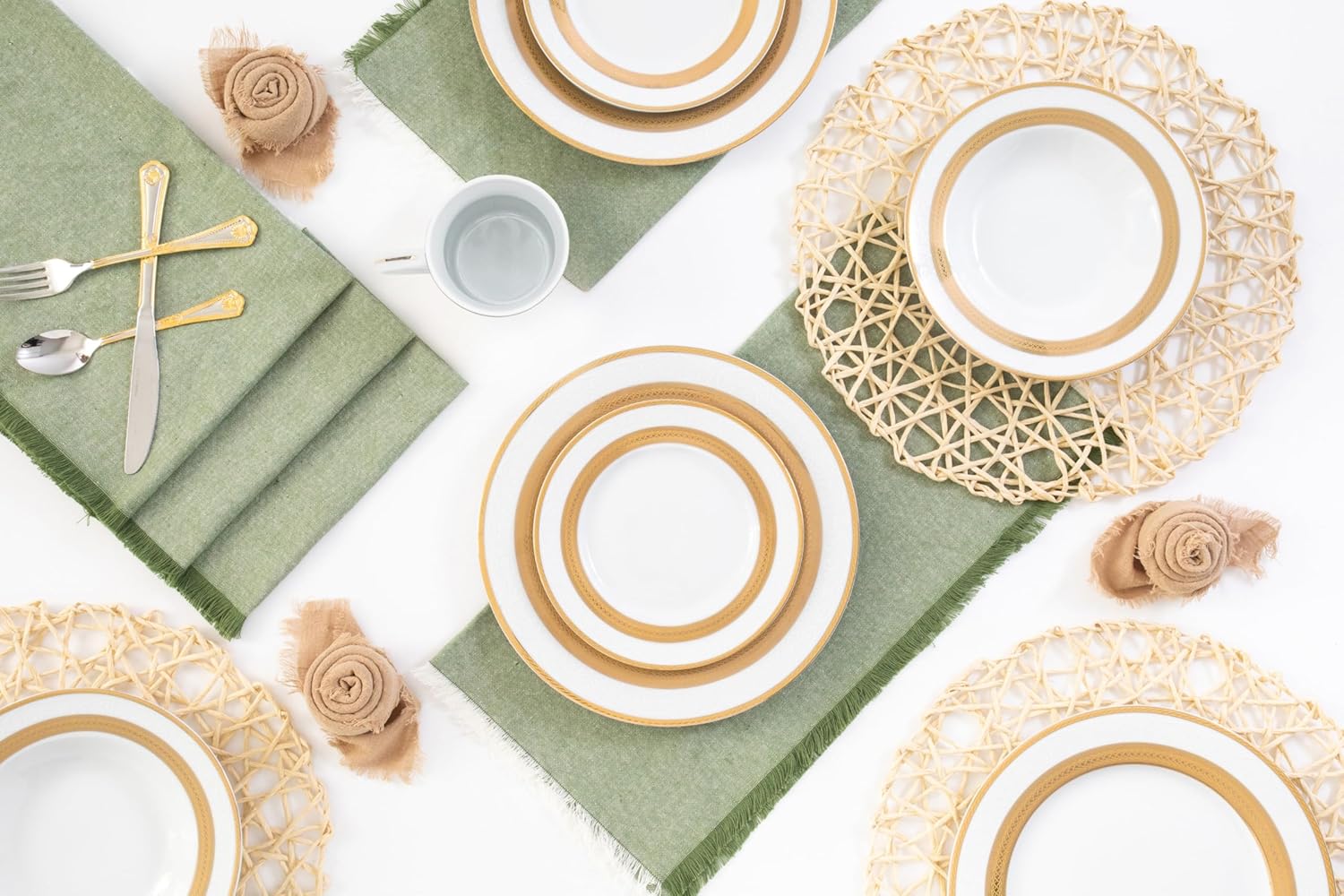 48 Piece Elegant Dinnerware Sets for 12 – Porcelain Plates, Bowls – White and Gold Rope Vintage Design Dishware for Kitchen Table, Formal Dining or Everyday Use (Rope Gold)