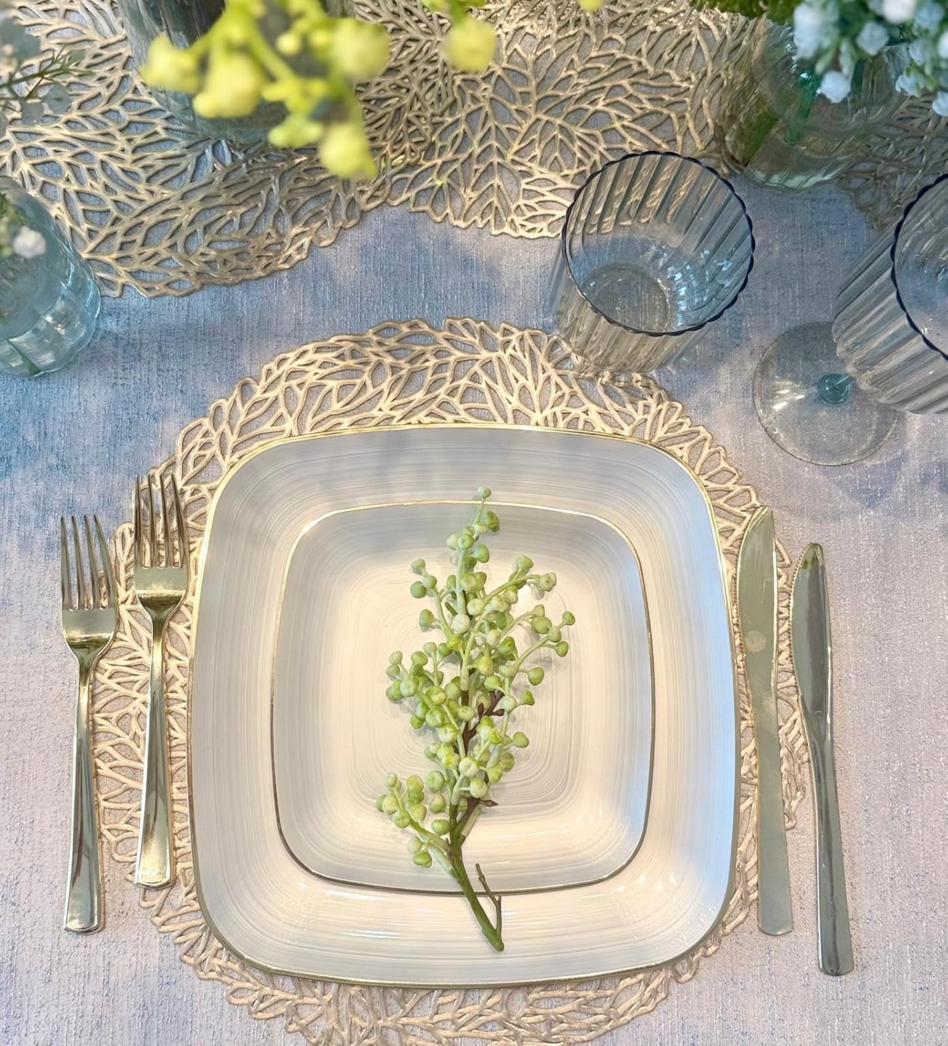 " OCCASIONS " 120 Pieces Pack,(60 Guests) Premium Wedding Party Disposable Plastic Plates Set -60 x 10'' Dinner + 60 x 7'' Salad/Dessert (Belize Square in Ivory & Gold)