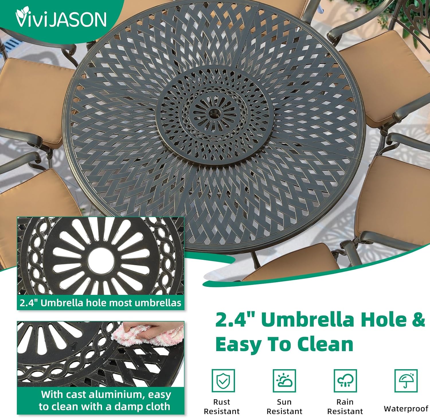 VIVIJASON 24" Cast Aluminum Lazy Susan Turntable, 360° Rotating Display Tray with Silent Bearings, Round Table Top Swivel Serving Plate with Umbrella Hole for Outdoor Dining Table, Lattice Style