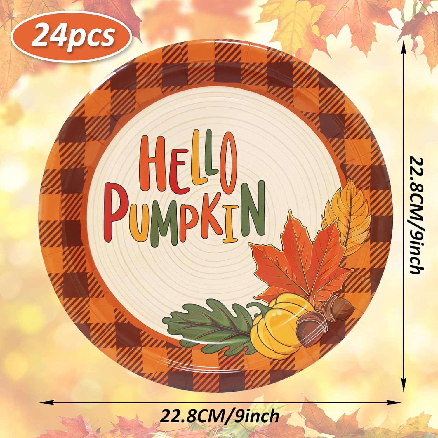 Whaline 24Pcs Thanksgiving Fall Paper Plates 9 Inch Hello Pumpkin Disposable Plates Black Orange Plaid Fall Harvest Paper Plates for Thanksgiving Party Holiday Dinner Tableware Supplies