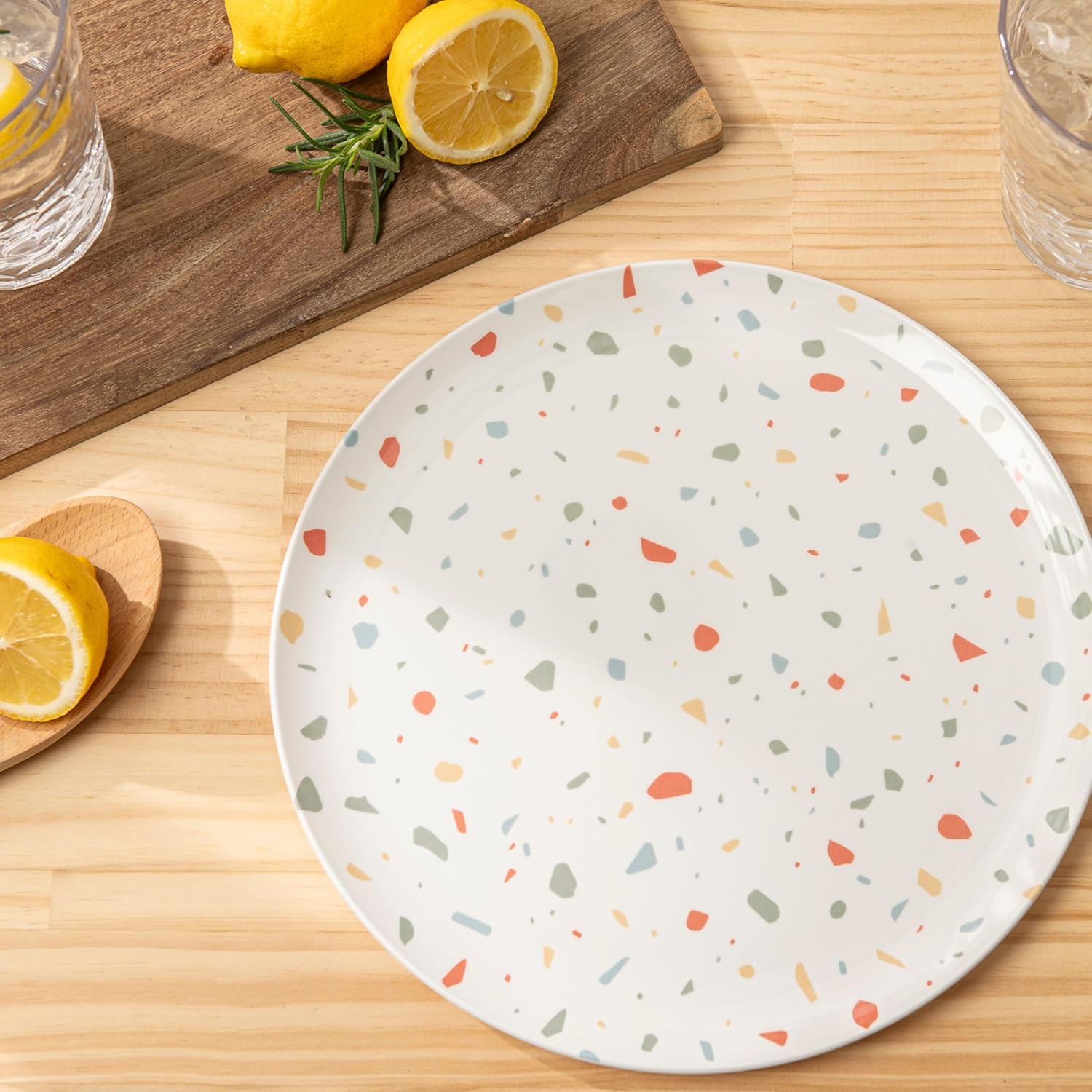 Bzyoo 12-Piece Melamine Dinnerware Set - White Confetti | Lightweight, Durable, BPA-Free | Dishwasher Safe Dish Set for Indoor & Outdoor Use - Perfect for Camping, BBQs, Kids Parties