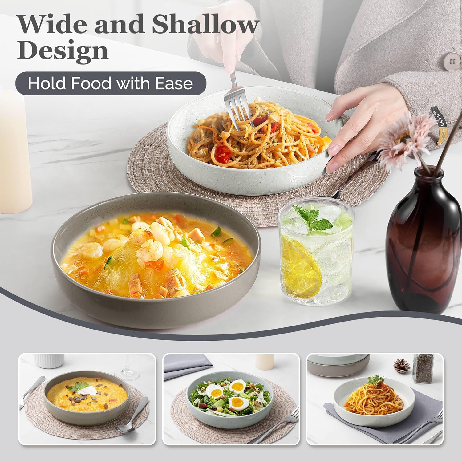 HaWare Pasta Bowls Set of 6, 33oz Large Salad Bowls for Home Kitchen, Ceramic Serving Plates for Soup, Cereal, Scratch-resistant Wide and Shallow Dinner Bowl, Microwave & Dishwasher Safe, Multicolor