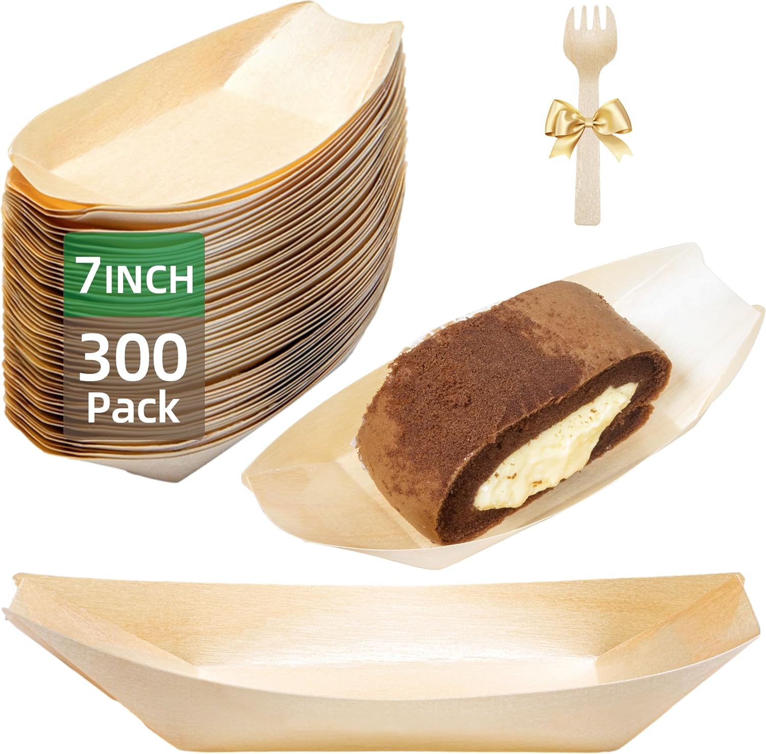 300-Pack Wooden Disposable Plates 7 IN Boat Plates Food Trays Disposable Sushi Plates Food Boats for Party Weddings Picnic (Actual Size Used: 3.94" D x 2.28" W x 0.79" H)